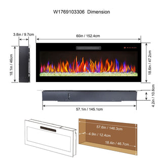 60-Inch Ultra-Thin Recessed Electric Fireplace with Tempered Glass, Multicolor Flame & Ember Bed, LED Heater and Remote Control