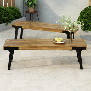 Outdoor Acacia Wood Dining Bench With Slatted Panel Top