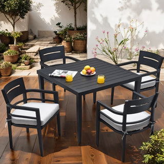 5-Piece Outdoor Aluminum Patio Dining Set with Sunbrella Cushions – 40" Square Table with Umbrella Hole