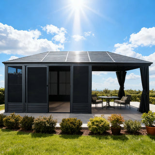 11x21FT Outdoor Sunroom, All Season Solarium Gazebo with Galvanized Steel Roof, Detachable PE Screen, 2 Lockable Sliding Door, Hardtop Gazebo with Netting and Curtains for Patio Deck Garden
