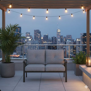 48" All-Weather Metal Loveseat 2 Seats Couch Sofa with Gray/Beige/Khaki Cushions with black Frame