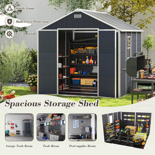 8X8 FT resin storage shed, high quality pp material with Lockable Door, strong structure, waterproof, rust and UV proof, large storage space, 12mm thick pp board, HD window lighting