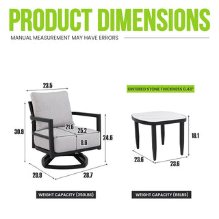 3-Piece Outdoor Swivel Conversation Set with Sunbrella® Cushions & Marble-Style Sintered Stone Side Table