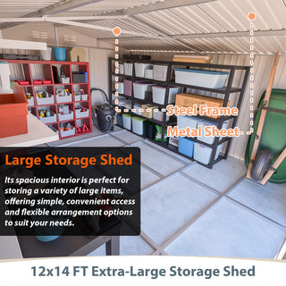12 x 14 FT Outdoor Metal Storage Shed, Heavy-Duty Garden Tool Shed with Lockable Double Doors, Waterproof Yard Storage Building for Patio, Backyard & Lawn
