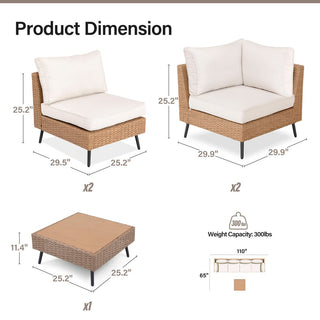 5 Pieces All-Weather PE Wicker Outdoor Sectional Sofa Set, Rattan Patio Conversation Set with Thick Cushions and Coffee Table