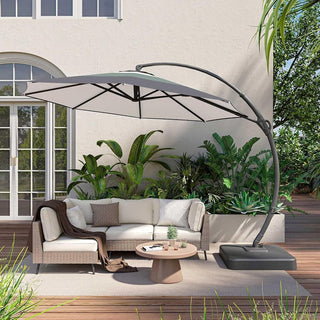 11 FT Luxury Curved Cantilever Umbrella, Heavy-Duty Side-Post Umbrella With Base, And 360° Rotation