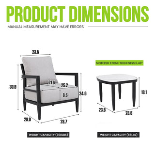 3-Piece Outdoor Aluminum Chat Set – Club Chairs with Sunbrella Cushions & 23.6" Curved Sintered Stone Table