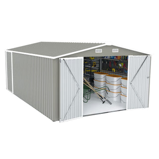 Outdoor Storage Shed 10×14 FT with 3 Lockable Doors,4 Air Vents & Sloped Roof,Utility Tool Shed Metal Storage Garden Sheds Frame and 4 Vents,for Backyard,Patio,Lawn,Light Gre