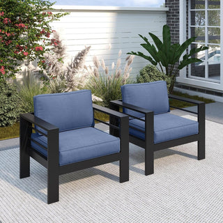 2-Pack 28" All-Weather Aluminum Patio Armchairs with Thick Blue Cushions
