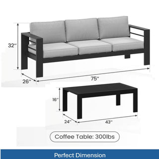 2 Pieces Outdoor Patio Set, All-Weather 75” 3-Seat Metal Patio Sofa Couch with Thick Cushions,  Frame and 43” Coffee Table