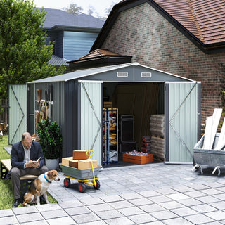 Outdoor Storage Shed 9×11 FT with 3 Lockable Doors,Utility Tool Shed Metal Storage Garden Sheds 4 Vents,Metal Sheds with Galvanized Steel Frame,for Backyard,Patio,Lawn,Grey