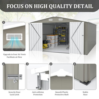 Outdoor Storage Shed 10×14 FT with 3 Lockable Doors,4 Air Vents & Sloped Roof,Utility Tool Shed Metal Storage Garden Sheds Frame and 4 Vents,for Backyard,Patio,Lawn,Light Gre