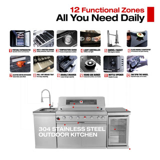 94-Inch 6-Burner 85000 BTU Deluxe Stainless Steel Outdoor Kitchen Island BBQ Grill with Wine Cooler