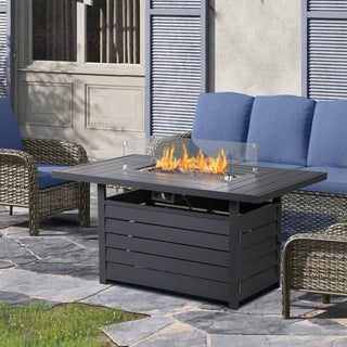54.3 Inches Outdoor Patio White/Dark Grey/Black Aluminum Fire Pit Table, 50000 BTU CSA Certified Propane Gas Fire Pit, Rectangular Fire Table w/Stainless Burner, Lava Rock, Waterproof Cover