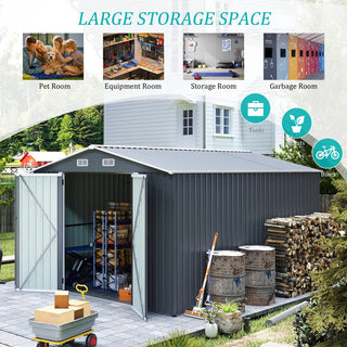 Outdoor Storage Shed 9×11 FT with 3 Lockable Doors,Utility Tool Shed Metal Storage Garden Sheds 4 Vents,Metal Sheds with Galvanized Steel Frame,for Backyard,Patio,Lawn,Grey