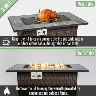 44" Propane Gas Fire Pit Table, 50000 BTU Rectangular Fire Pit, Tile Tabletop with Beautiful Wicker Base for Outside Patio Deck Garden Courtyard-Brown