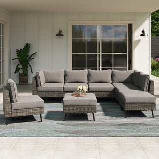 8 Piece PE Rattan Outdoor Sectional Sofa Set, All Weather Wicker Patio Conversation Set with Thick Cushions for Garden, Poolside, Backyard – Beige/Gray