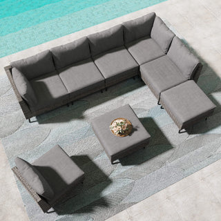 8 Piece PE Rattan Outdoor Sectional Sofa Set, All Weather Wicker Patio Conversation Set with Thick Cushions for Garden, Poolside, Backyard – Beige/Gray