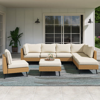 8 Piece PE Rattan Outdoor Sectional Sofa Set, All Weather Wicker Patio Conversation Set with Thick Cushions for Garden, Poolside, Backyard – Beige/Gray