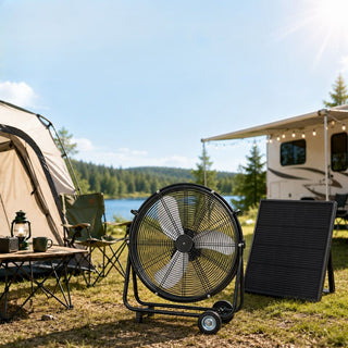 24"/30" Wheeled Solar Ventilation Fan with 140W Adjustable Monocrystalline Panel, 130W DC Brushless Motor & 3-Speed Remote for Warehouse & Workshop