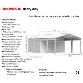 23ft x 46ft Heavy Duty Steel Garage Shed with Double Doors – Reinforced Metal Storage Building