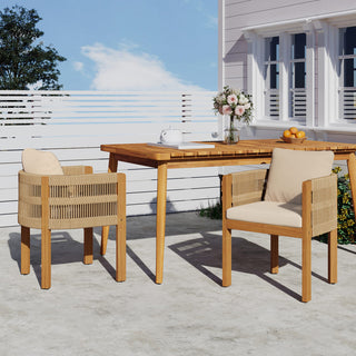 Acacia Wood Outdoor Dining Chairs 2-Pack with Mix White Rope Handles, Washable Waterproof Brown/Grey/Beige Cushions, 400 lbs Capacity