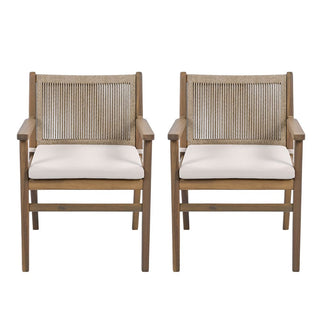 Outdoor Dining Chairs Set of 2, Acacia Wood Patio Armchair with Rope Design Back and Water Repellent Cushion