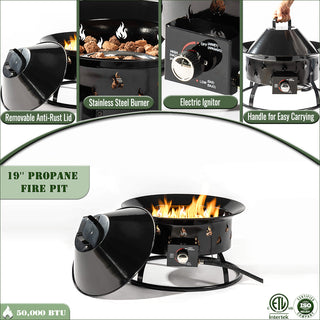 19" Propane Gas Fire Pit, 50000 BTU Round Steel Fire Pit for Outside Patio Deck Garden Backyard-Black