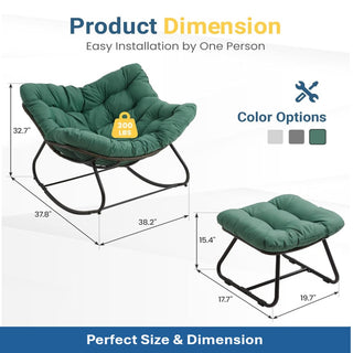Dark Gray/Light Gray/Green Egg Rocking Chair with Ottoman, All-Weather Wicker Lounge & Cushions
