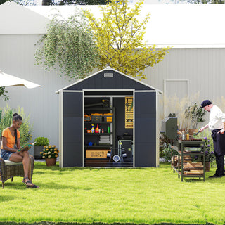 8X8 FT resin storage shed, high quality pp material with Lockable Door, strong structure, waterproof, rust and UV proof, large storage space, 12mm thick pp board, HD window lighting