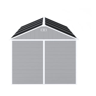 8X8 FT resin storage shed, high quality pp material, strong structure, waterproof, rust and UV proof, large storage space, 12mm thick pp board, HD window lighting