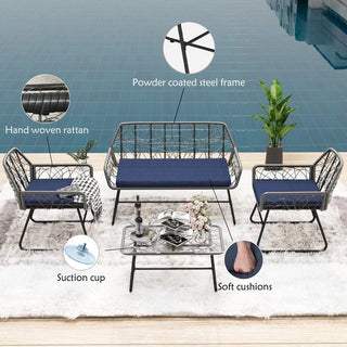 4-Piece Wicker Patio Furniture Set With Tempered Glass Table, Detachable Blue Cushion