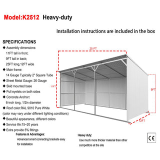 25ft x 12ft Heavy Duty Metal Farm Shed – Steel Driveway & Equipment Storage Shelter