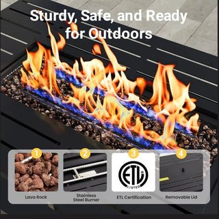 43”Width Outdoor 2-in1 Black Gas Fire Pit Table with Lid & Glass Shield, 50000 BTU CSA Certified Propane Gas Fire Pit, Rectangular Fire Table w/Stainless Burner, Lava Rock, Waterproof Cover