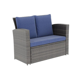 4-Piece Wicker Patio Conversation Set With Glass Table and Blue/Black/Gray Cushions