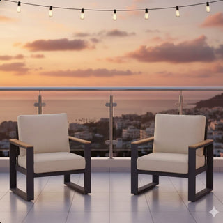 Set of 2 26.6" All-Weather Aluminum Patio Armchairs with Thick Beige Cushions