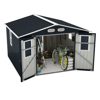 8x8 Ft Outdoor Storage Shed with Protective Coating, 4 Daylight Windows & Lockable Doors, Dual Color Options White/Dark Gray