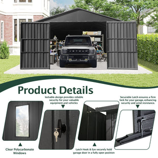 Outdoor Metal Garage Shed, Extra Large Metal Carport with Lockable Double Hinged Doors, Heavy Duty Car Shelter for Car, Truck, Motorcycle and Lawn Equipment, Grey