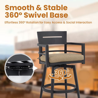 Modern 2-Piece Outdoor Swivel Bar Chairs with Sunbrella Cushions – 360° Aluminum Patio Bar Stools in Ember Black