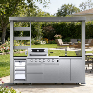 110-Inch 4-Burner 72000 BTU Deluxe Stainless Steel Gas Outdoor Kitchen Bar Barbecue Island Grill + Wine Cooler Compact Refrigerator + Rotisserie + Granite Countertops + Storage Cabinets & Drawers
