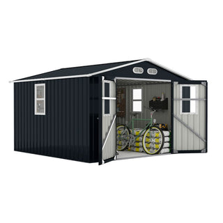 8x8 ft Outdoor Storage Shed with 4 Windows, Lockable Double Doors & Weather-Resistant Steel Frame – Garden Tool Shed