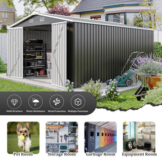 10x14 Ft Outdoor Metal Storage Shed with 3 Lockable Doors, 4 Air Vents & Sloped Roof, Heavy-Duty Garden Tool Shed for Backyard, Patio & Lawn