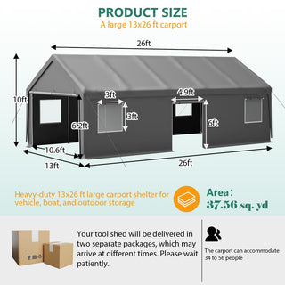 13x26 FT Heavy Duty Carport Canopy with 2 Roll-Up Doors, Side Door, Removable End Walls & Windows – Portable Garage Shelter for Outdoor Storage
