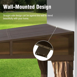 10x14 FT Wall-Mounted Lean-to Hardtop Gazebo with Gutters – Outdoor Metal Roof Patio Canopy, Durable Lean-to Pergola for Backyard & Deck