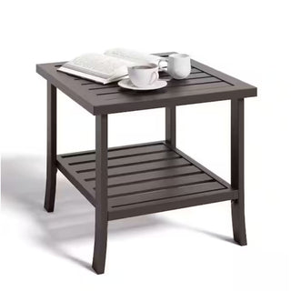 19" Square Black/Brown Metal Outdoor Side Table, 2-Tier All-Weather Patio End Table
