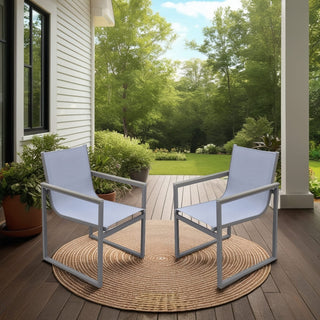 Outdoor Patio Dining Chair in Gray Powder Coated Finish with Gray Sling Textilene and Gray Wood Accent Arms - Set of 2