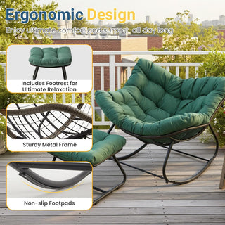 Dark Gray/Light Gray/Green Egg Rocking Chair with Ottoman, All-Weather Wicker Lounge & Cushions