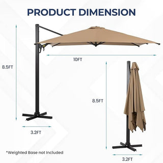 10 Ft Square Large Cantilever Patio Umbrella with 360° Rotation & Tit Adjustment and Heavy Duty Offset Polyester Canopy Deck Umbrella without base