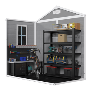6x6 Ft Waterproof Resin Storage Shed with Floor, Window, Lockable Doors & Air Vents, Outdoor Tool Shed for Bikes