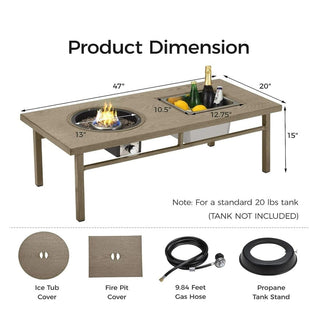 47" 3-in-1 Outdoor Aluminum Beige Propane Fire Pit Table 50,000 BTU with Ice Bucket
